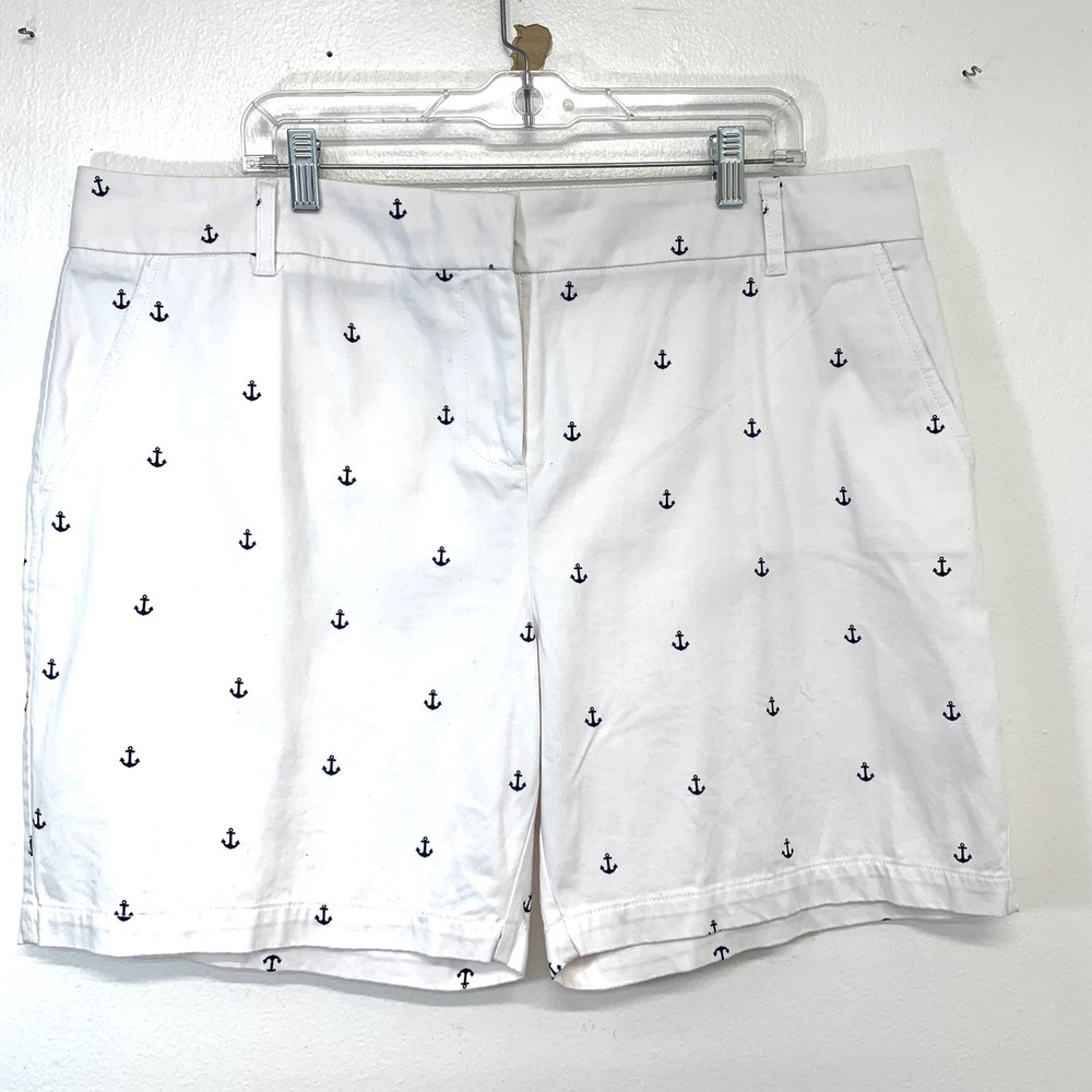 IZOD Womens White Anchor Print Nautical Chino‎ Shorts Size 18 Preppy Coastal